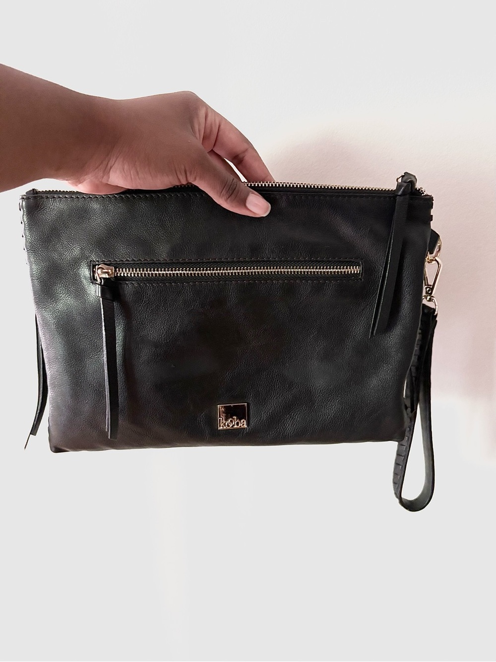 Kooba Black Leather Wristlet Clutch Gold Hardware Zip Pouch